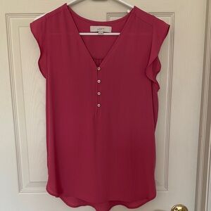LOFT Raspberry V-Neck Sleeveless Blouse with Button Placket